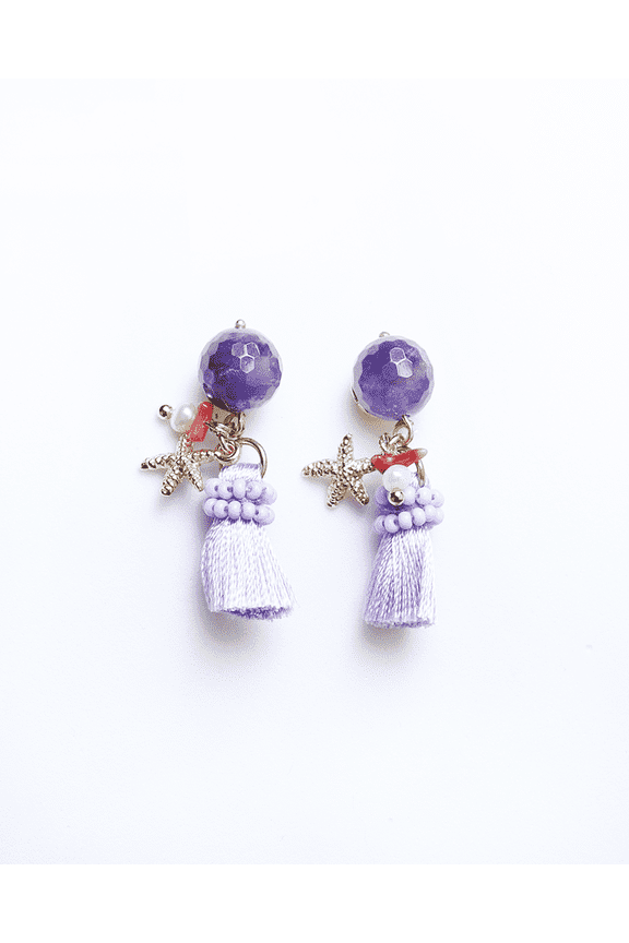 Gnova Felice Tassel Earrings in Violet Amethyst and Freshwater Pearl with Gold-Plated Starfish