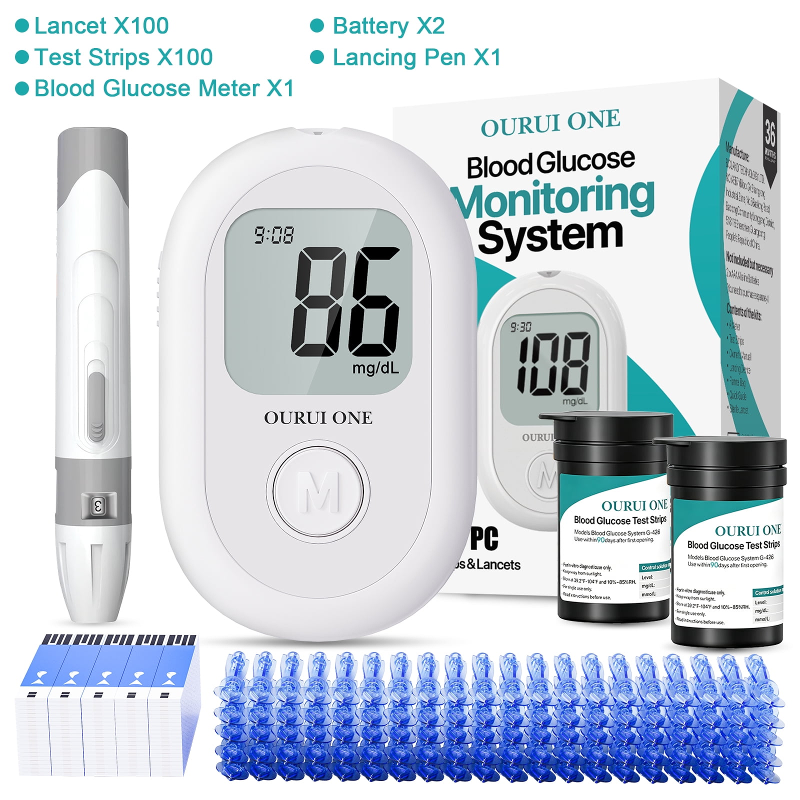 G-427B Blood Glucose Monitor Kit, 100 Test Strips &100 Lancets, 1 ...