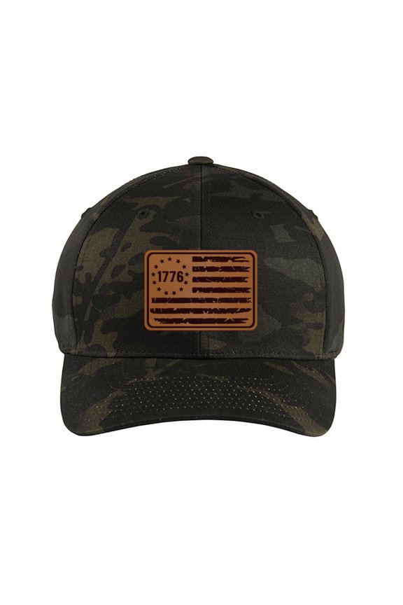 1776 Flag Laser Engraved Leather Patch Flexfitted Baseball Hat. (US, Alpha, Small, Medium, Multicam Black)