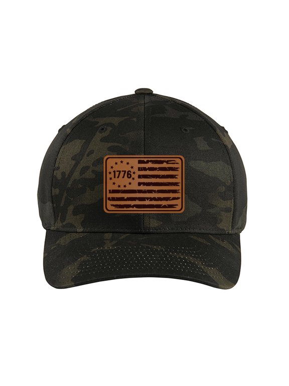 1776 Flag Laser Engraved Leather Patch Flexfitted Baseball Hat. (US, Alpha, Small, Medium, Multicam Black)
