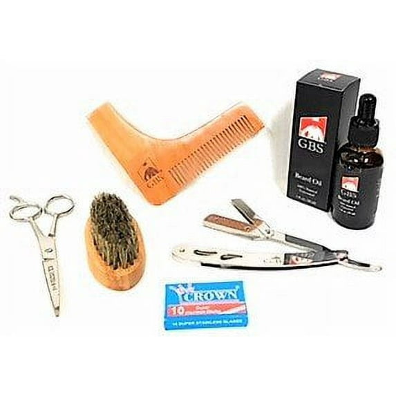 G.B.S Beard Styling Kit- For Men’s Professional Scissors, Boar Bristle Beard Brush, Unscented Beard Oil, Barber Shavette Folding Razor + DE Razor Blades, Beard Styling Template Stencil Comb