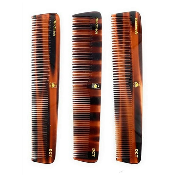 GBS 3 pk DCT- Anti-Static Coarse/Fine Toothed Dressing, Grooming, and Styling Comb for Men/Women, 7" Hand-Made of Quality Cellulose Acetate, Saw-Cut & Hand Polished