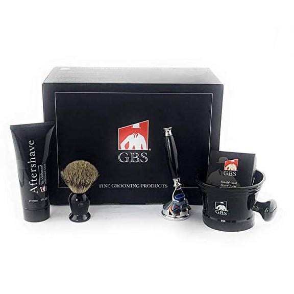 G.B.S Mens Shaving Set- 5 Blade Razor, Ceramic Black Shaving Mug, Shaving Brush, Sandalwood Aftershave, 97% All-Natural Shaving Soap & Razor Cone Stand for Mens -Boxed (Black)