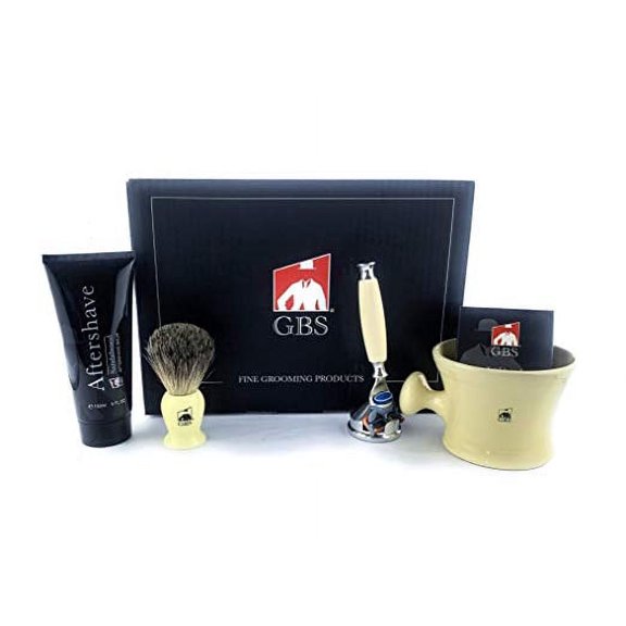 G.B.S Mens Shaving Set- 5 Blade Razor, Ceramic Ivory Shaving Mug, Shaving Brush, Sandalwood Aftershave, 97% All-Natural Shaving Soap & Razor Cone Stand for Men