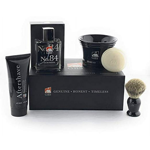 "G.B.S Men's Shaving Set 5 PC No.84 Cologne Romantic Fragrance. Badger Shaving Brush, 4.5"" Diameter Ceramic Mug with Natural Glycerin Shaving Soap, Sandalwood Aftershave "