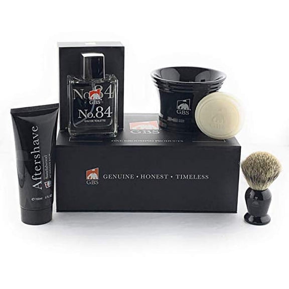 "G.B.S Men's Shaving Set 5 PC No.84 Cologne Romantic Fragrance. Badger Shaving Brush, 4.5"" Diameter Ceramic Mug with Natural Glycerin Shaving Soap, Sandalwood Aftershave "