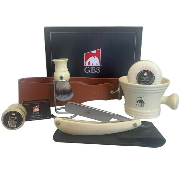 G.B.S Stylish Shaving Set - 8 Piece Includes Straight Razor, Leather Case, Ceramic Mug
