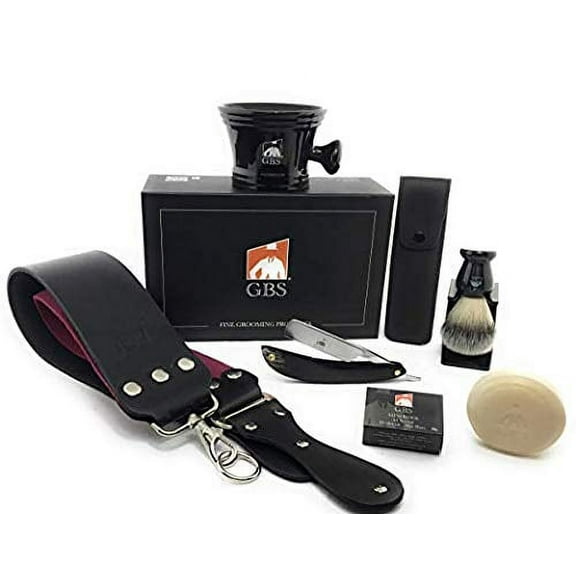 G.B.S Stylish Shaving Set - Shave Ready Straight Razor, Honing Sharpening Strop, Leather Case For Straight Razor, Ceramic Mug, Synthetic Brush with Stand, Alum & Shaving Soap Shaving (Black)