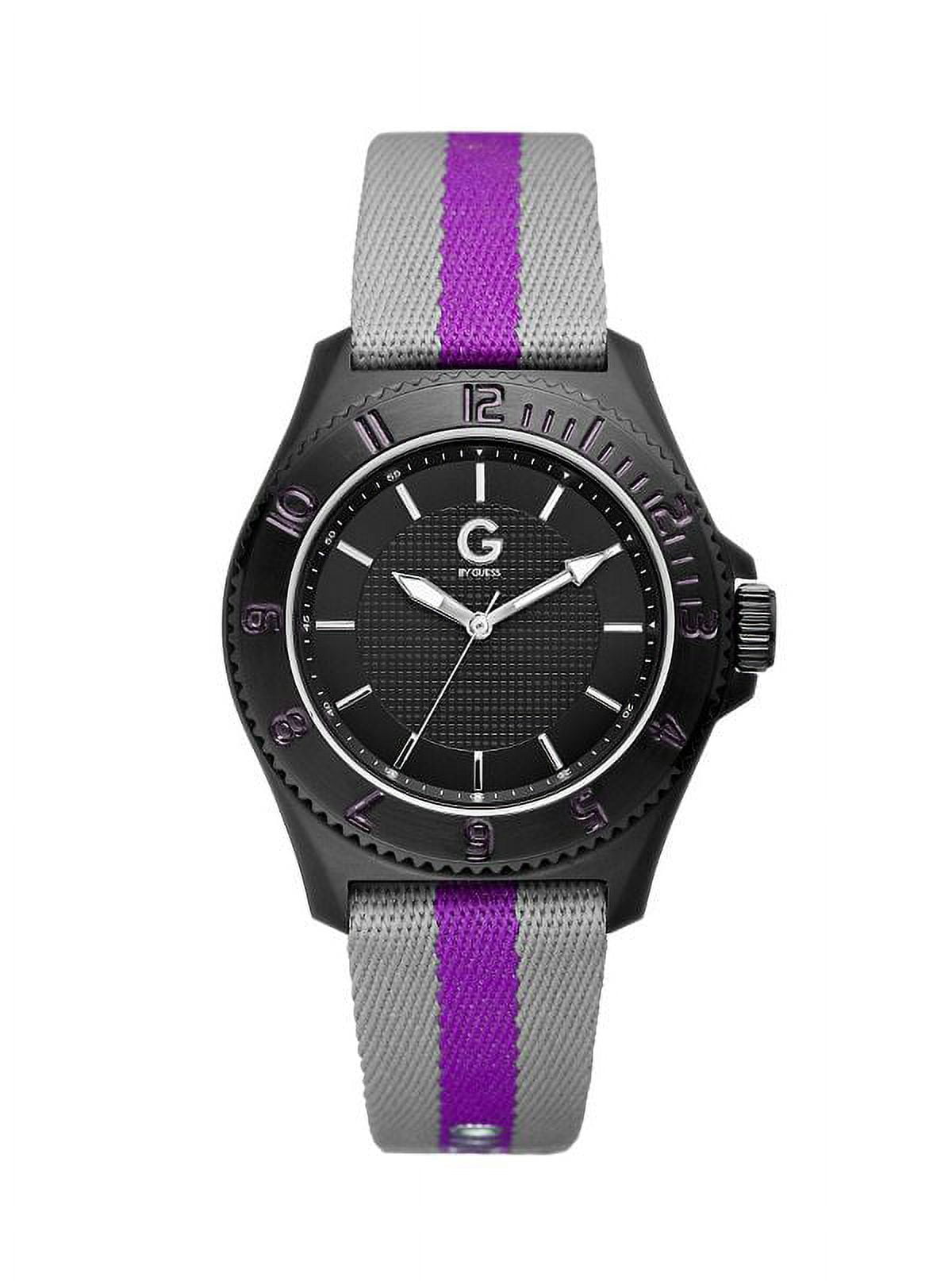 G BY GUESS GREY,GRAY+PURPLE CANVAS STRAP+BLACK DIAL WOMEN