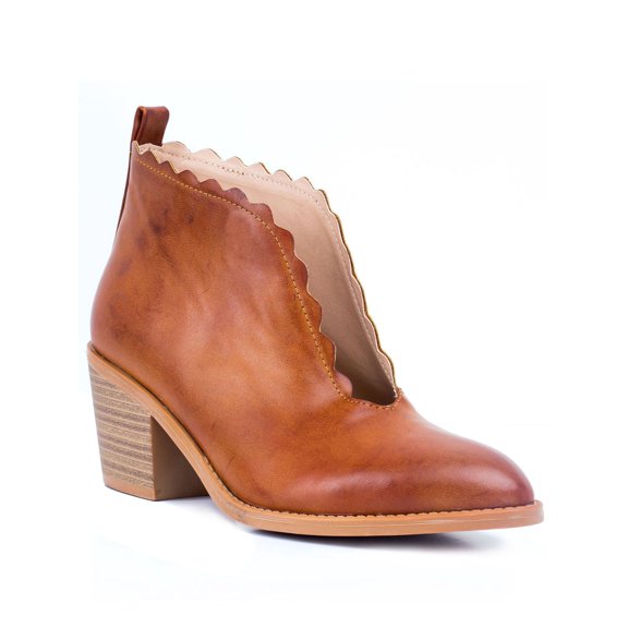 G.C. SHOES Womens Cognac Brown Heel Pull Tab V Cutout Scalloped Padded Maris Almond Toe Stacked Heel Slip On Boots Shoes 9