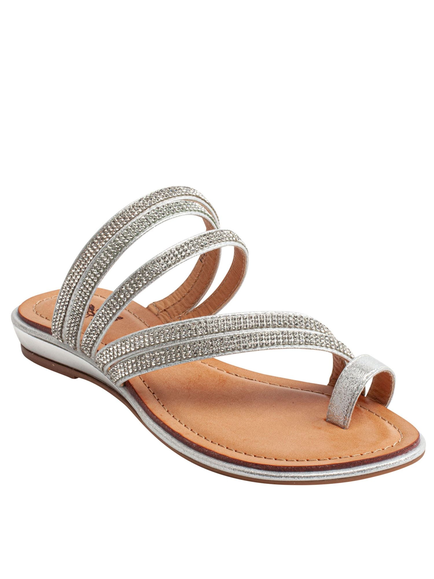 G.C. SHOES Womens Silver Strappy ToeLoop Rhinestone Padded Harmonie