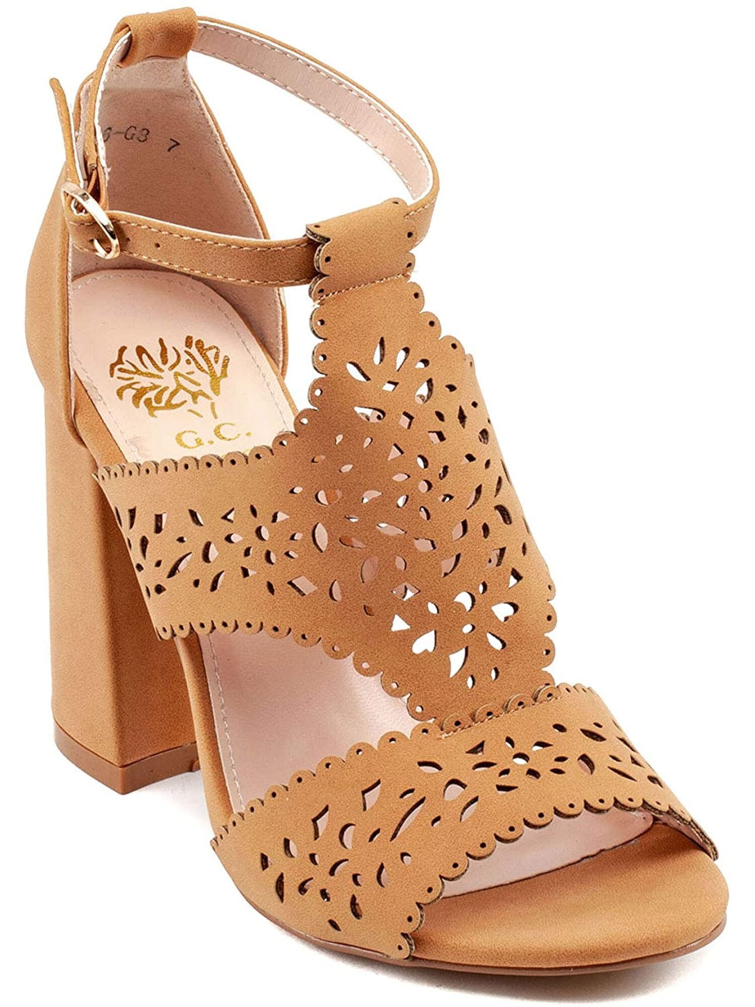 G.C. Shoes Womens Beige Cushioned Perforated Open Toe Block Heel Buckle