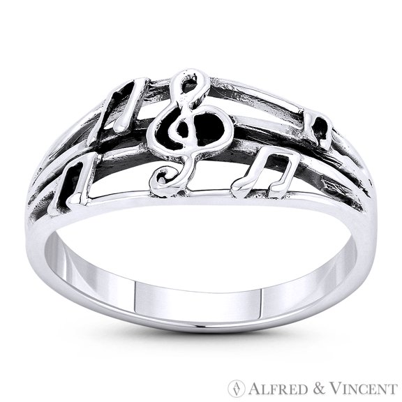 G-Clef, Beamed Eighth Note, & 4-Line Staff Line-Sheet Stackable Ring / Musical Charm Band in Oxidized .925 Sterling Silver