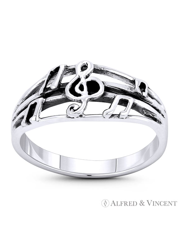G-Clef, Beamed Eighth Note, & 4-Line Staff Line-Sheet Stackable Ring / Musical Charm Band in Oxidized .925 Sterling Silver
