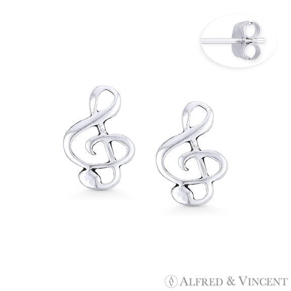 G-Clef Music Note Charm Stud Earrings in Oxidized .925 Sterling Silver