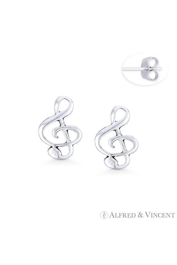 G-Clef Music Note Charm Stud Earrings in Oxidized .925 Sterling Silver