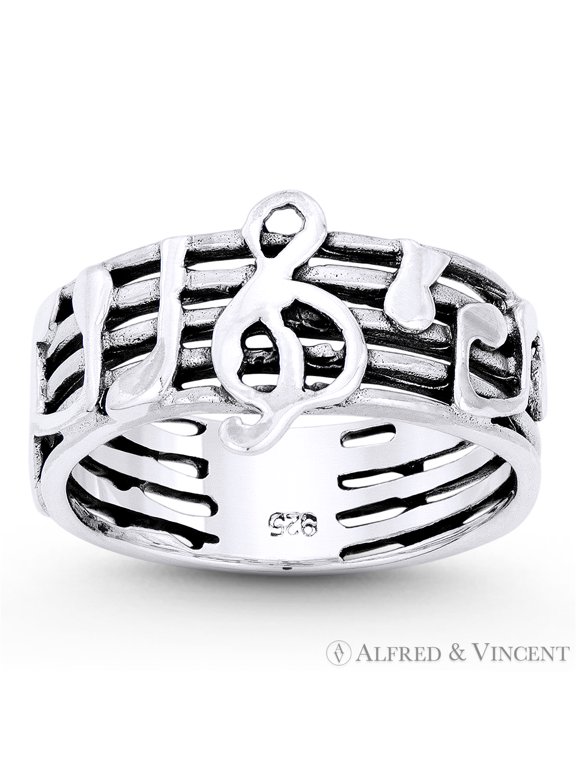 G-Clef, Musical Notes, & Staves Stackable Band in Oxidized .925 Sterling Silver