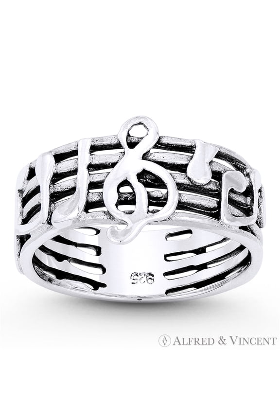 G-Clef, Musical Notes, & Staves Stackable Band in Oxidized .925 Sterling Silver