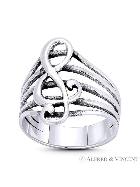G-Clef Symbol & Musical Staff Charm Wide Right-Hand Statement Ring in Oxidized .925 Sterling Silver