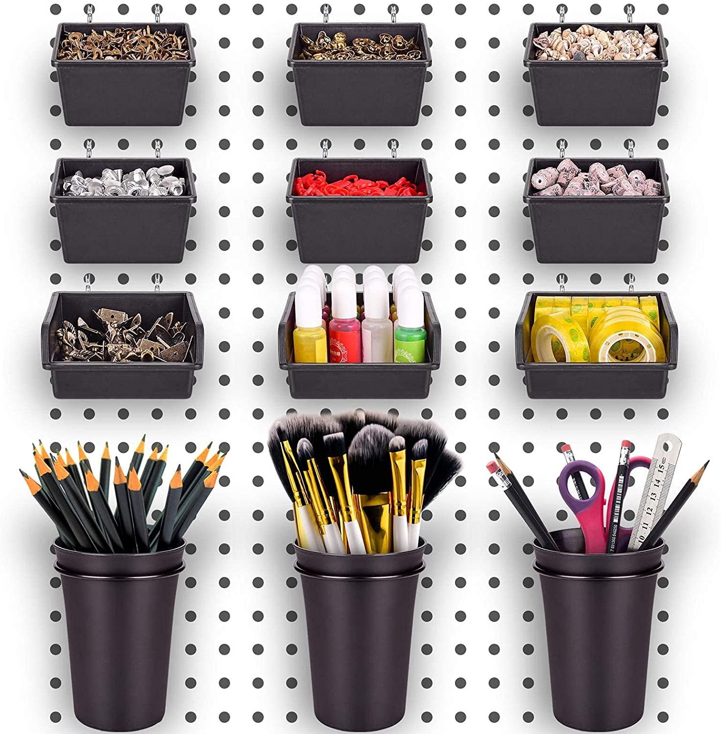 Black Plastic Pegboard Bins and Cups Set with Metal Hooks