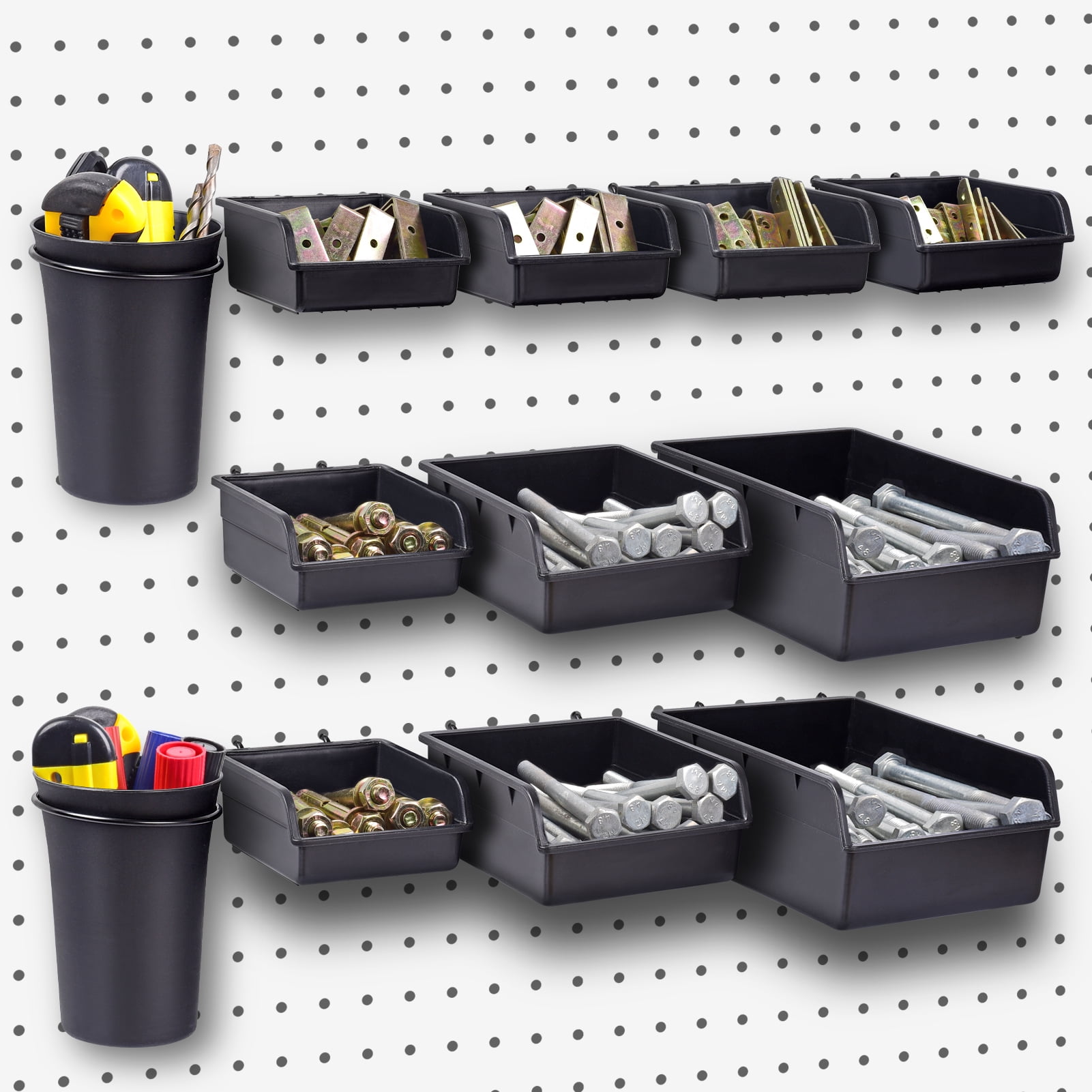 Black Plastic Pegboard Bins and Cups Set with Metal Hooks