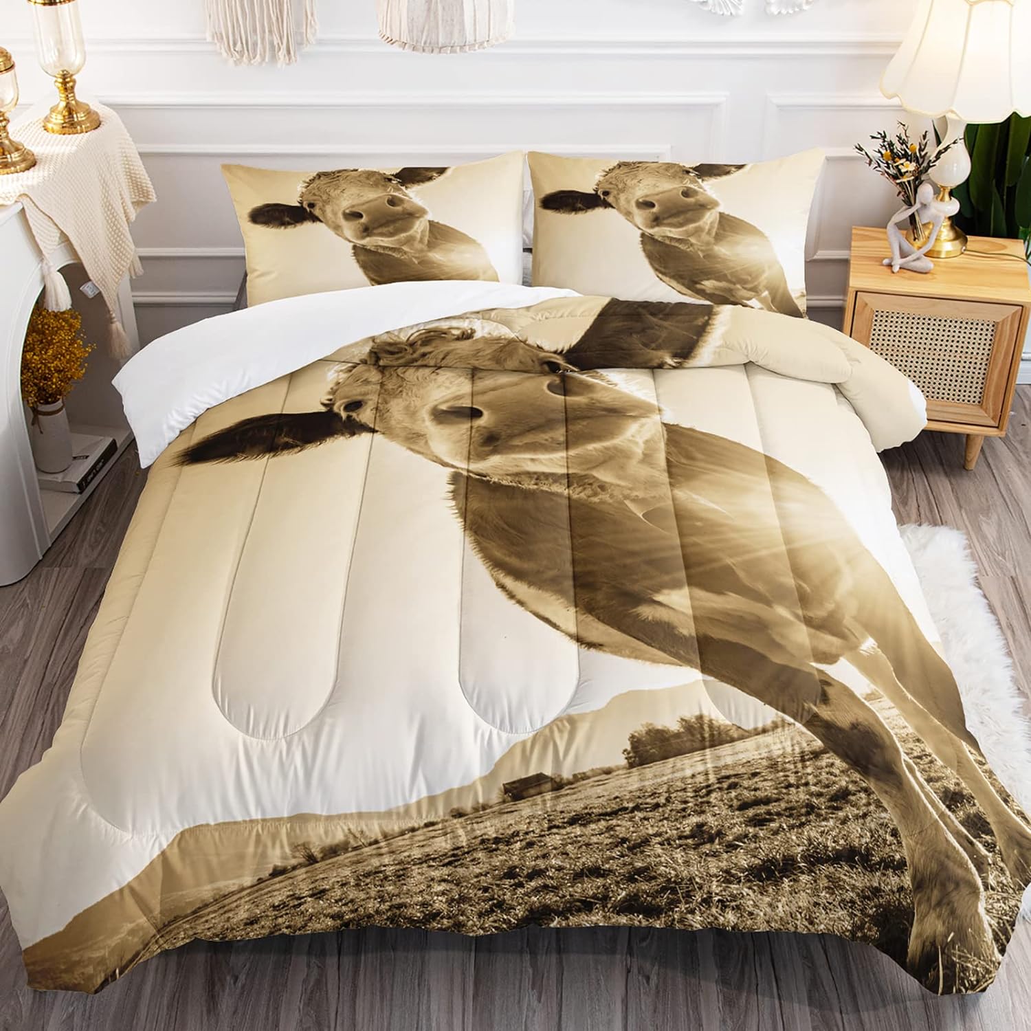 GDAKE 3D Highland Cow Comforter Set Queen Size 3 Piece Bull Cattle Yak