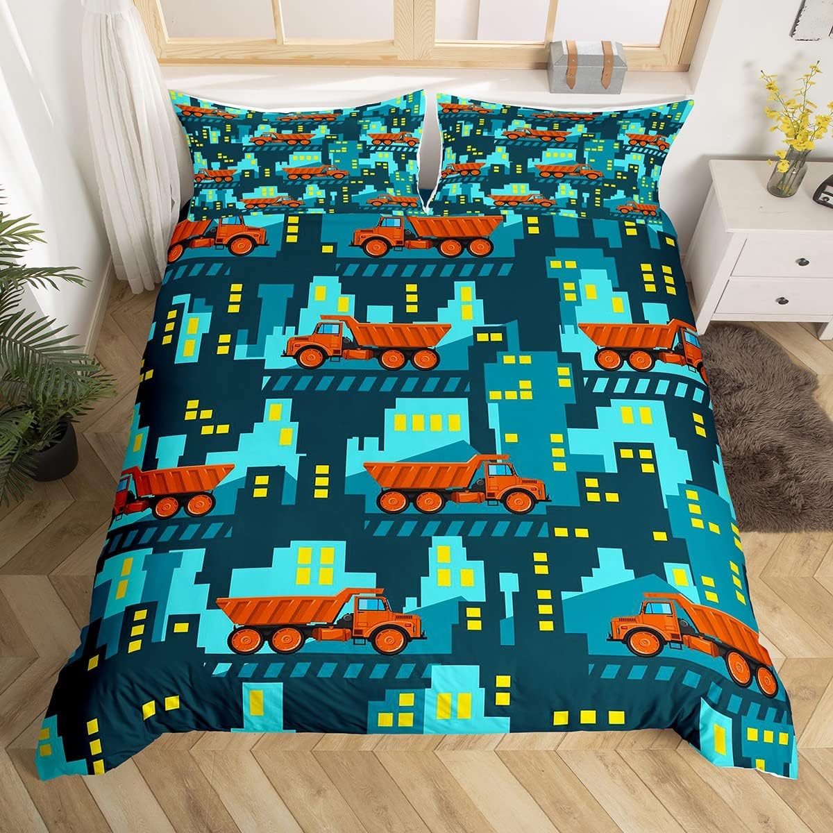 GDAKE Firefighter Car Duvet Cover,Fire Truck Bedding Set Twin,Black