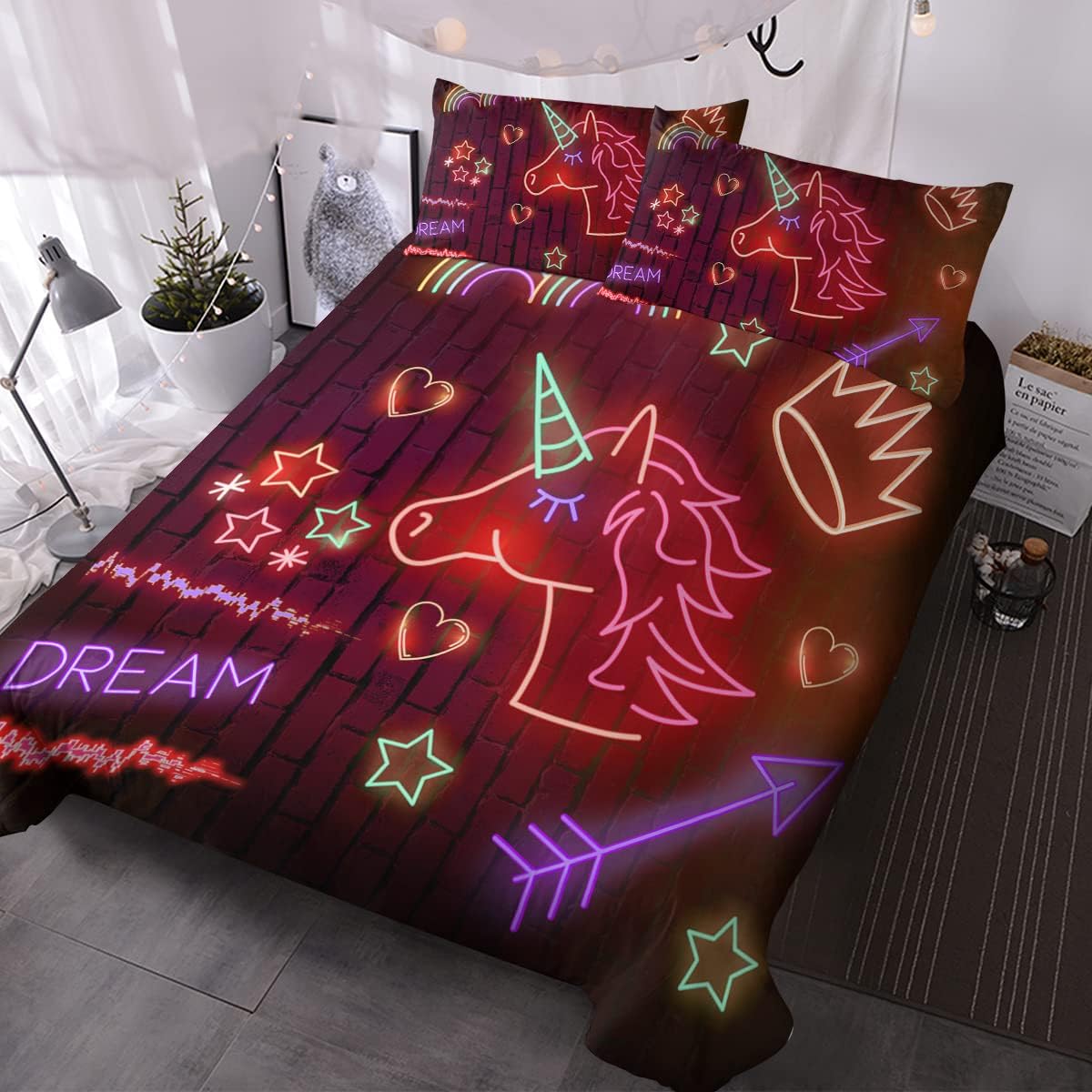 GDAKE Purple Unicorn Bedding Girls Neon Unicorn Bed Set Gold Stars