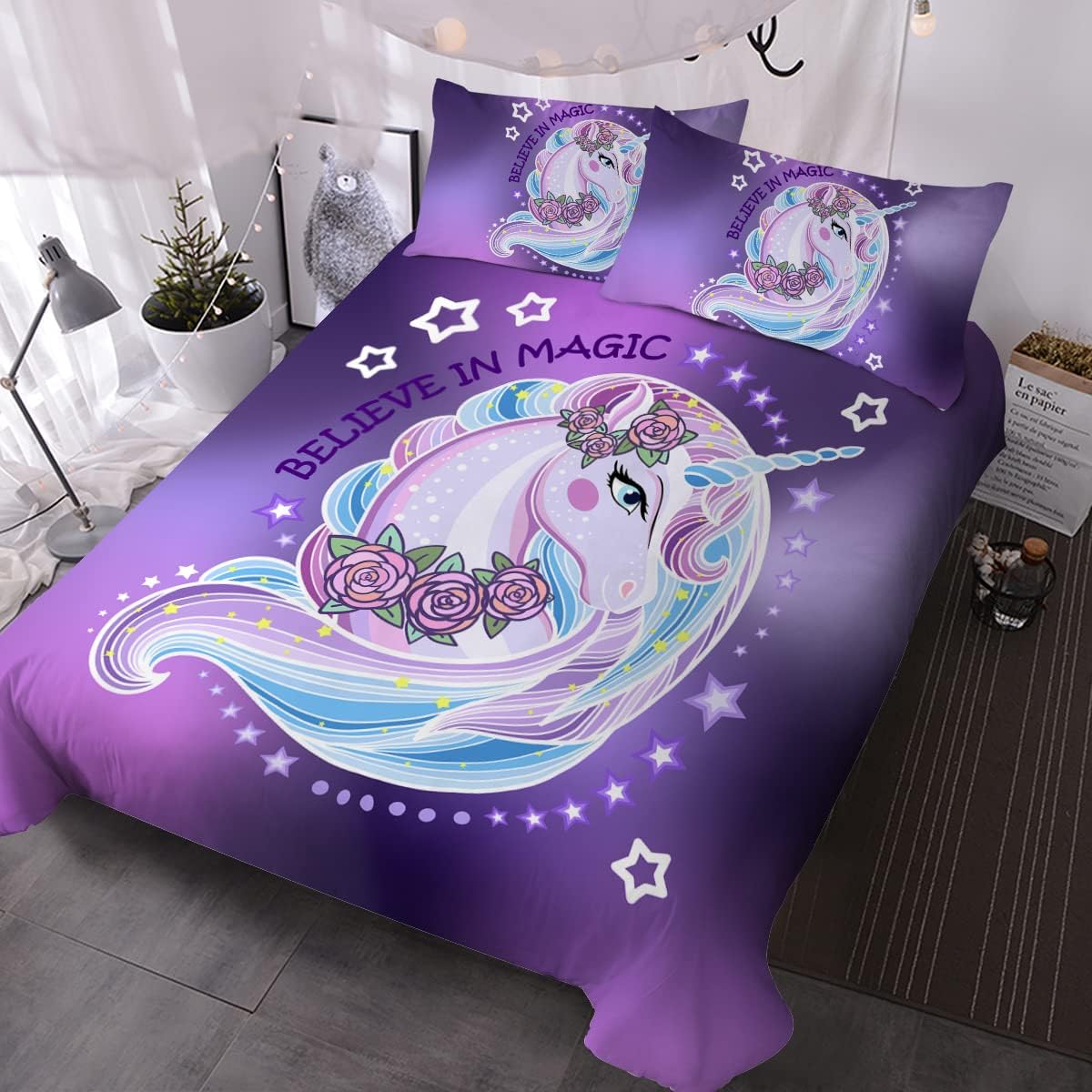 GDAKE Purple Unicorn Bedding Girls Neon Unicorn Bed Set Gold Stars