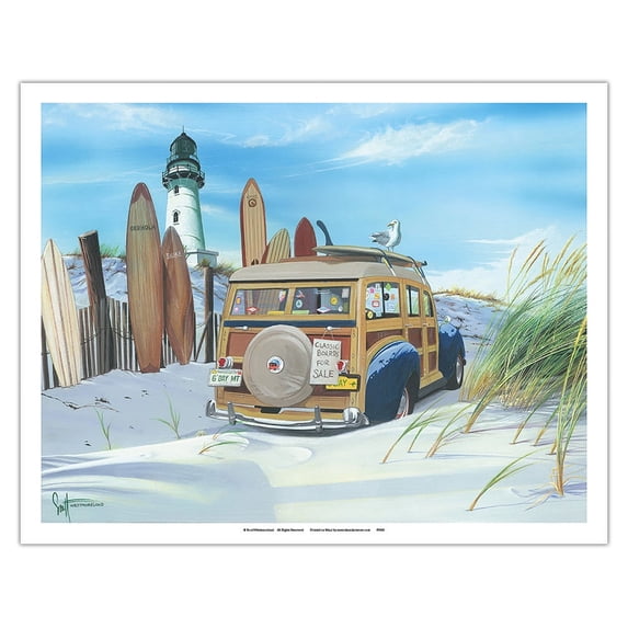 G'Day Mate - Retro Woodie on Beach with Surfboards - From an Original Color Painting by Scott Westmoreland - Fine Art Matte Paper Print (Unframed) 11x14in