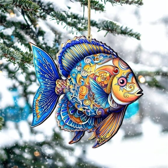 G. Debrekht 8688303-S2 Azure Angel Fish Wooden Ornaments Set of 2 by G.Debrekht Coastal Holiday Decor