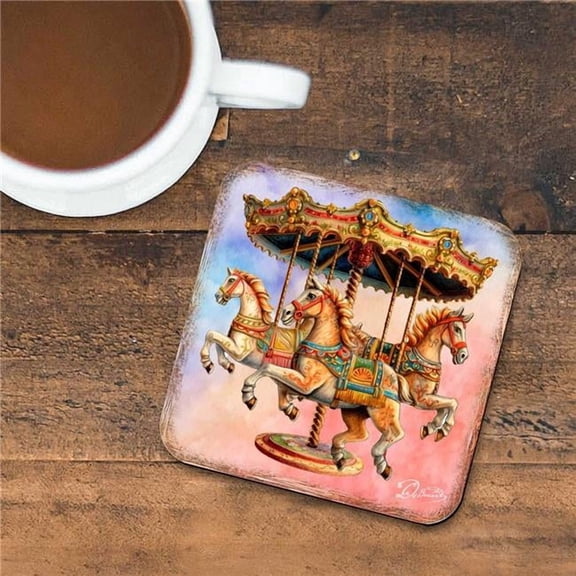 G. Debrekht 8199439C-S4 Carousel Horses Wooden Cork Coasters Gift Set of 4 by G. Debrekht - Christmas Decor