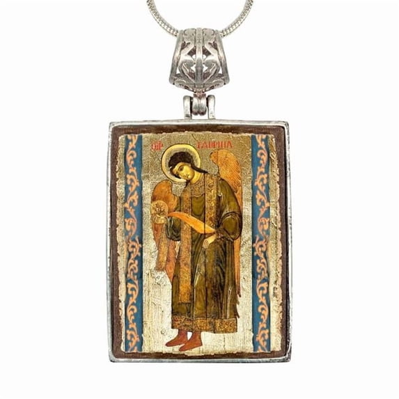 G. Debrekht 43041R Saint Gabriel Archangel Religious Jewelry Silver Plated Necklace, Gold-Plated Wooden Cabochon