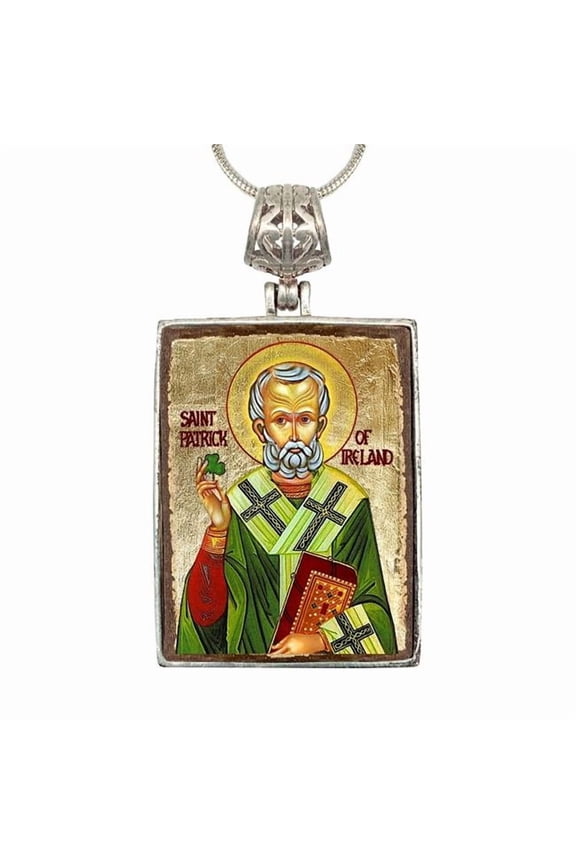 G. Debrekht 43060R Saint Patrick Religious Jewelry Silver Plated Necklace, Gold-Plated Wooden Cabochon