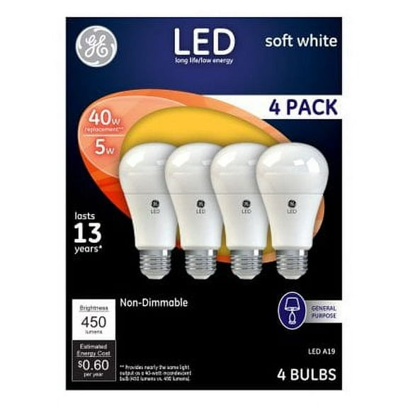 G E LIGHTING 61973 LED Light Bulbs, Soft White, 450 Lumens, 5-Watt, 4-Pk. - Quantity 4