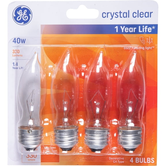 G E LIGHTING Candelabra Light Bulb, Bent Tip, Clear, 40 Watt, 4 Pk.