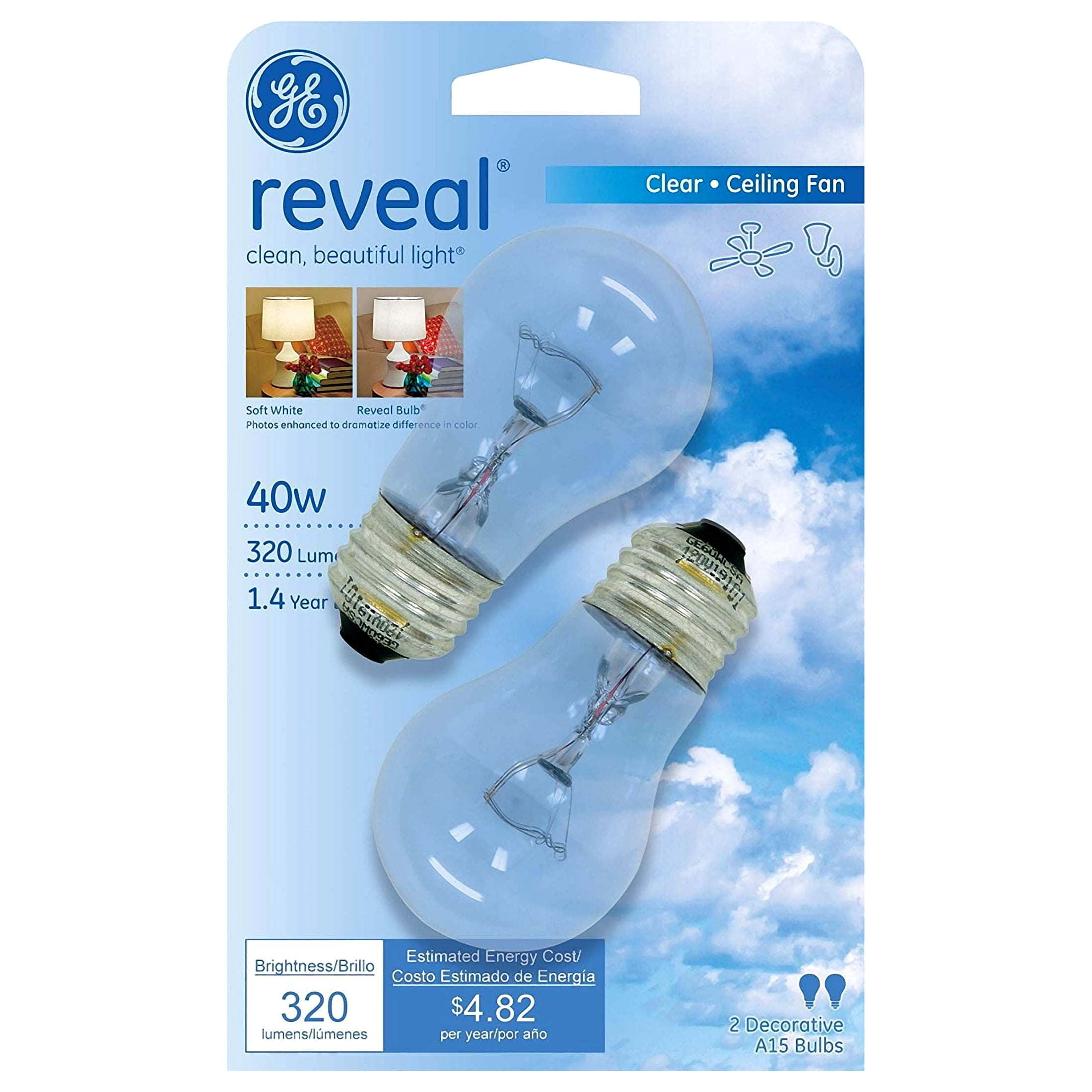G E Lighting 48696 Reveal 40-Watt Ceiling Fan Bulbs, 2-Pack