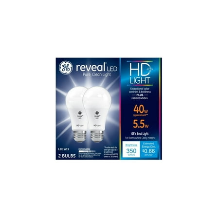 G E LIGHTING Reveal HD + LED Light Bulb, 350 Lumens, 5.5-Watt, 2-Pk. 22591