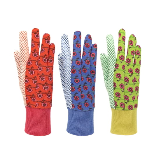 G & F 1852-3 Women Soft Jersey Garden Gloves, Women Work Gloves, 3-Pairs Green/Red/Blue per Pack
