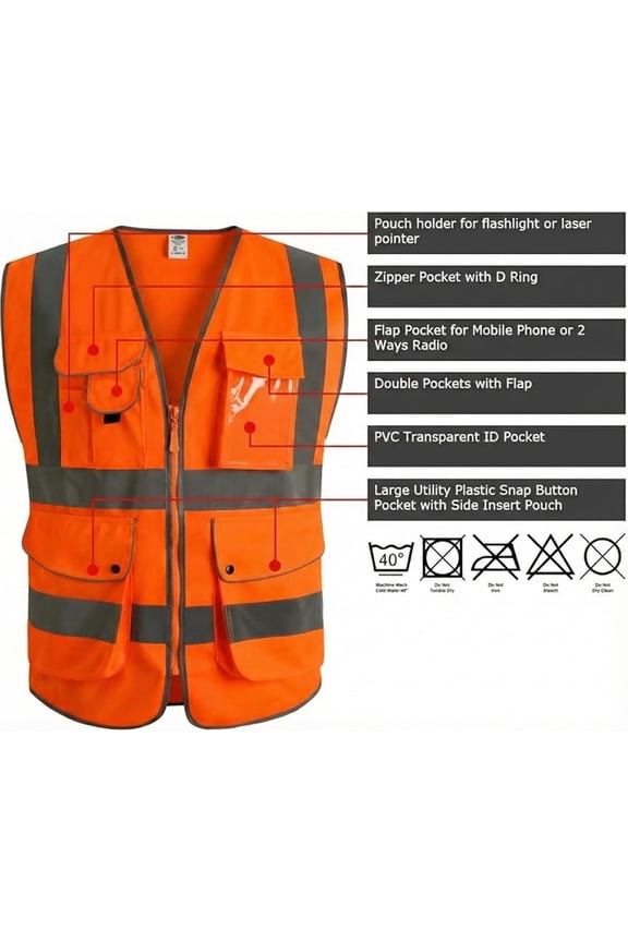 ANSI Class 2 High-Visibility Safety Vest, Neon Orange, Medium, Reflective Strips with 9 Pockets and Front Zipper, for Construction, Traffic & Work
