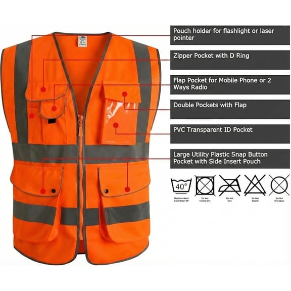 G & F Products ANSI Class 2 High-Visibility Safety Vest, Neon Orange, Medium, Reflective Strips with 9 Pockets and Front Zipper, for Construction, Traffic & Work