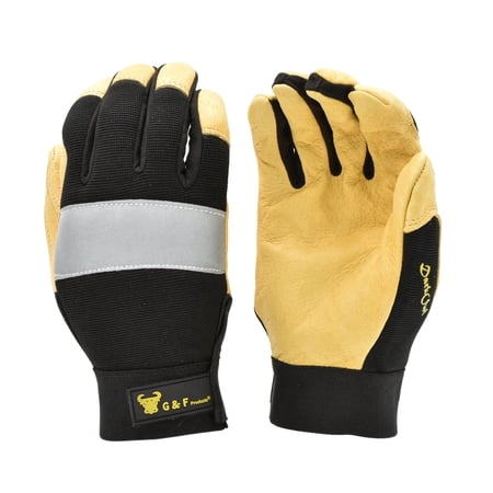 G & F Dark Owl High Visibility Reflective Mechanics Work Gloves, Leather Palm, Breathable Spandex Back, Men Large