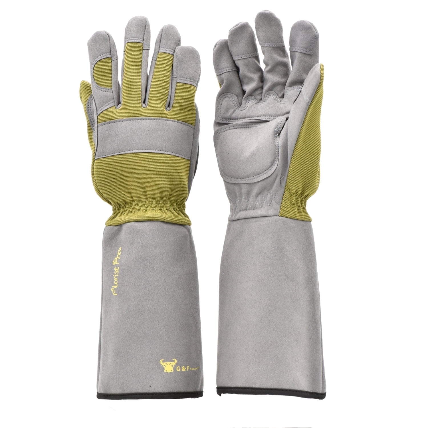 G & F Florist Pro Long Sleeve Gardening Gloves, Rose Pruning Gloves, Synthetic Leather Palm, Thorn Protection, Elbow-Length Gauntlet Cuff, Gray, Large, 1 Pair