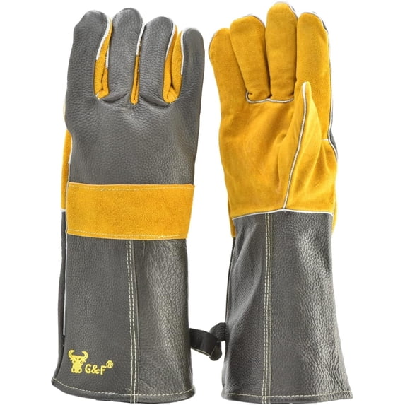 G & F Grain Leather Gloves Cotton Lining, BBQ Gloves, 14.5" Extra Long Sleeve
