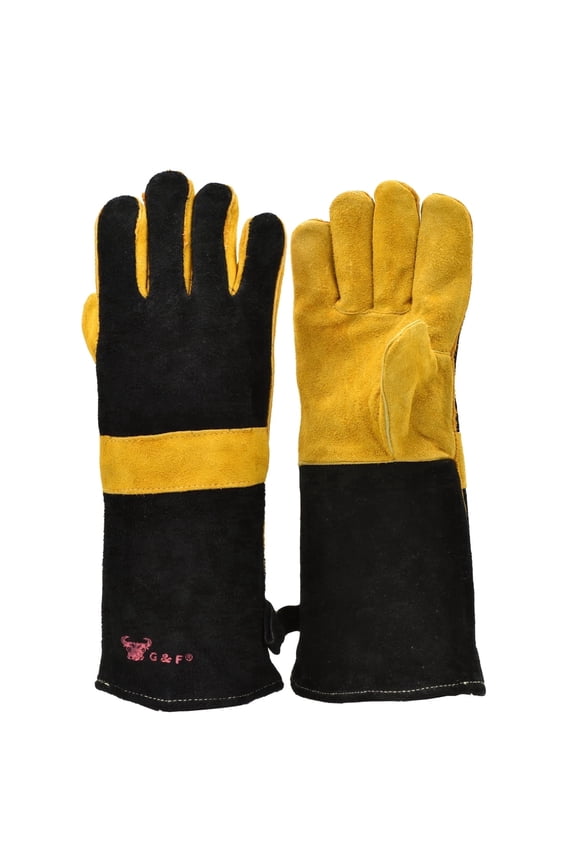 Heat Resistant Leather Gloves, 100% Genuine Suede Cowhide, BBQ Grill Gloves, Welding Gloves, Cotton Lined, 14.5-Inch Long Cuff, Fireplace, Fire Pit & Oven, 1 Pair