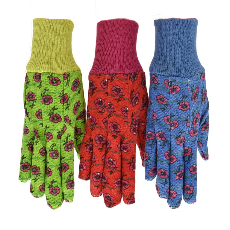 G & F Kids Garden Gloves 1823-3 JustForKids Work Gloves, 3 Pairs  Green/Red/Blue per Pack