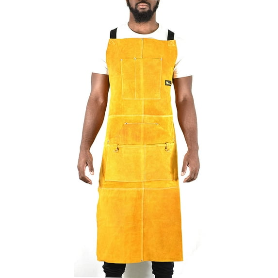 G & F Leather Welding Apron 6 Pockets, Heat & Flame-Resistant Heavy Duty Work Aprons, 42", Yellow