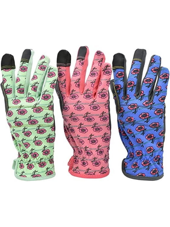 G & F Women's Gardening Gloves, 3 Pairs, Garden Gloves for Women, Touchscreen Compatible, Breathable Double-Padded Reinforced Fingers, Floral Print Assorted Colors, Guantes de Jardin