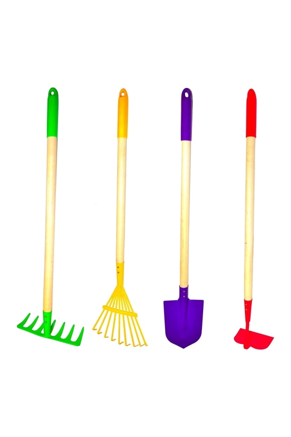 G & F JustForKids Kids Garden Tool Set Toy, Rake, Hoe & Leaf Rake Reduced Size, Metal Spade, 4-Piece