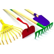 G & F Products Kids Garden Tools JustForKids Gardening Tool Set Rake Spade Hoe and Leaf Rake Real Steel Heads Wood Handles Child-Sized 4-Piece Set Ages 5 and Up